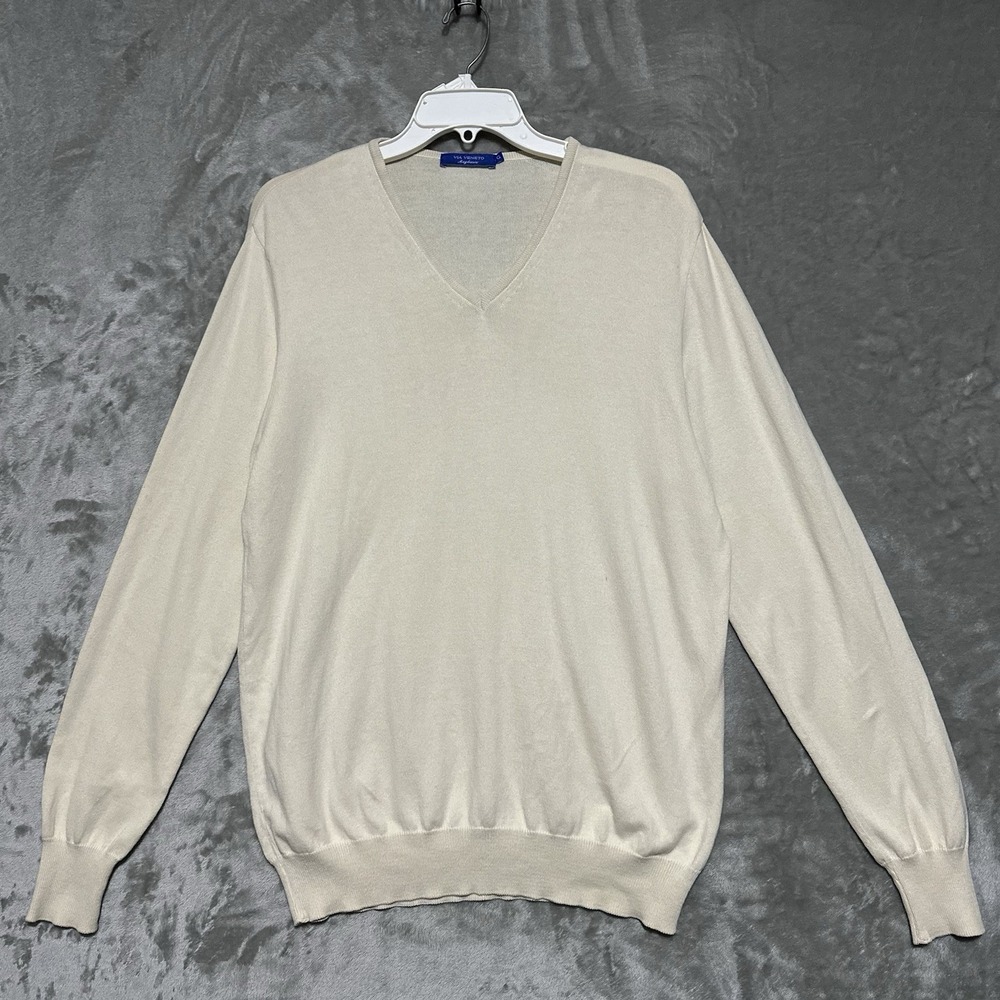 Via Veneto Cotton V Neck Sweater Womens Size L Ivory Old Money Minimalist Preppy